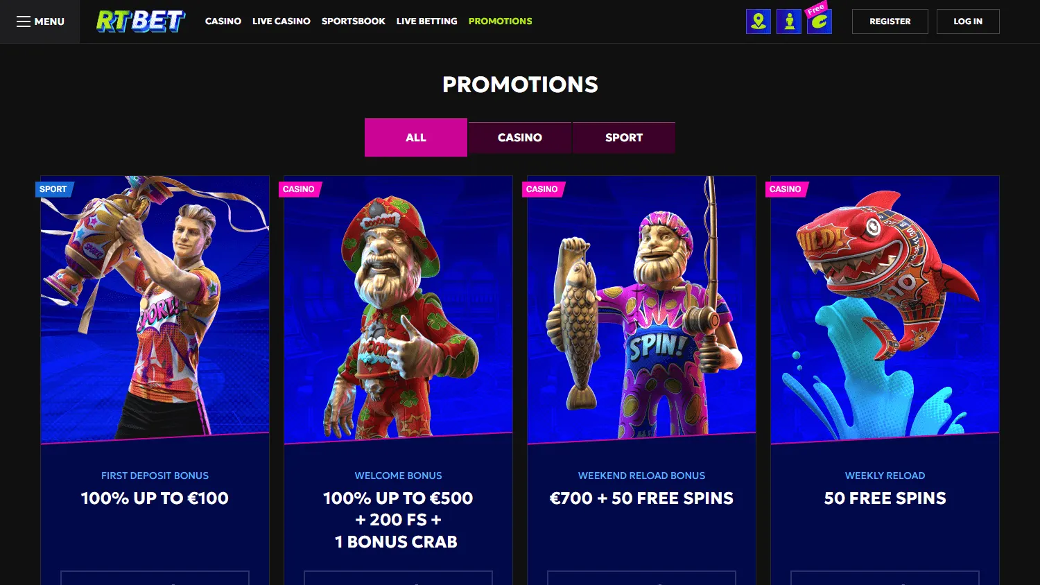 Rtbet Casino desktop promotions interface with casino and sportsbook offers