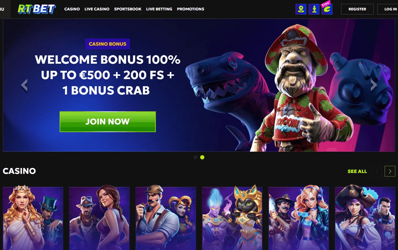 Rtbet Casino desktop home interface with casino and sportsbook features