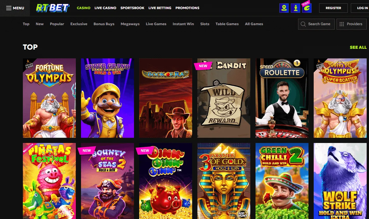 Rtbet Casino desktop games interface with casino and live game categories
