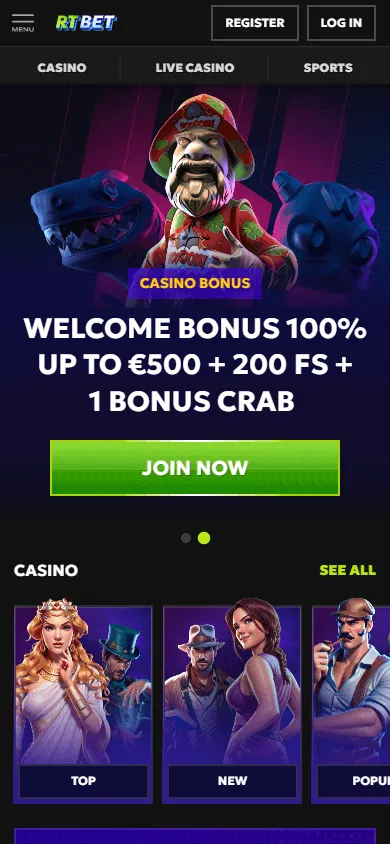 Rtbet Casino mobile browser home interface