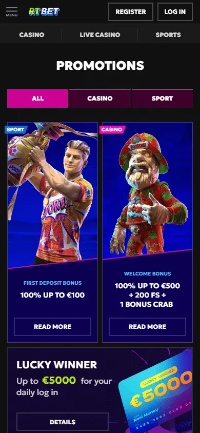 Rtbet Casino mobile browser promotions interface