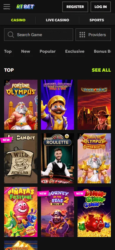 Rtbet Casino mobile browser games interface